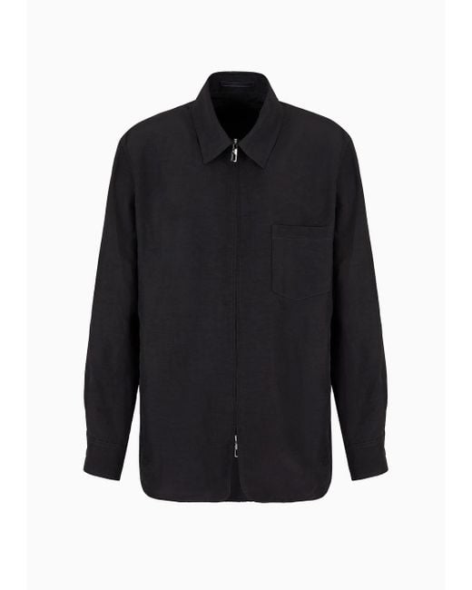 Giorgio Armani Black Viscose And Linen Canvas Shirt Jacket With Zip for men