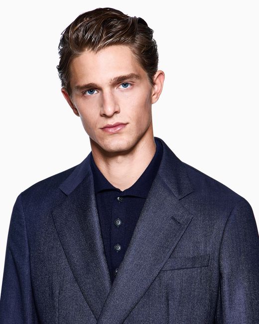 Giorgio Armani Blue Double-Breasted Denim-Effect Wool Suit for men