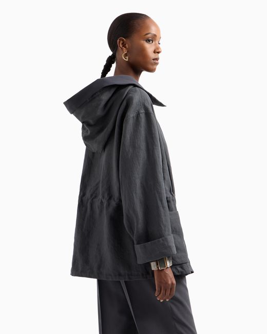 Giorgio Armani Black Linen Hooded Pea Coat
