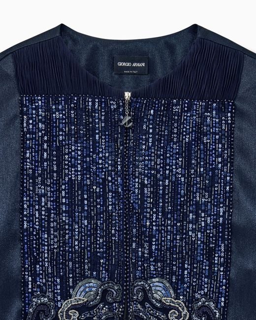 Giorgio Armani Blue Silk Blouse With Embroidered Plastron And Sheer Sleeves