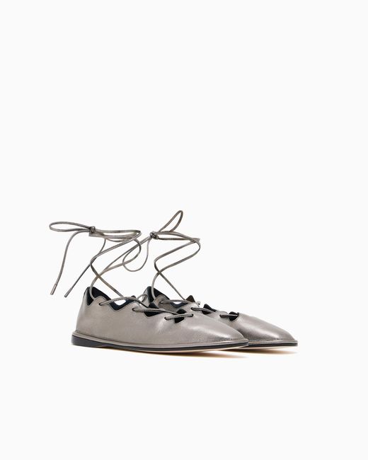 Giorgio Armani White Laminated Nappa Leather Ballerinas With Laces