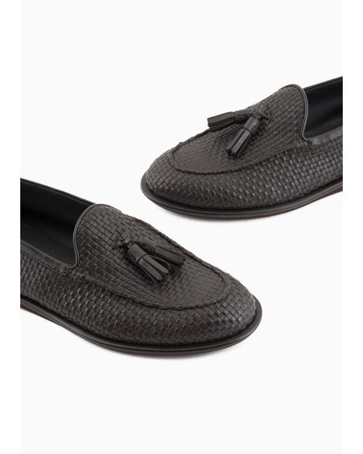 Giorgio Armani White Woven Nappa Leather Loafers With Tassels for men