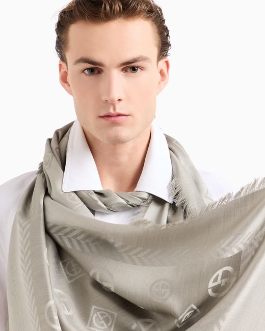 Giorgio Armani White Monogram Jacquard Virgin-Wool And Silk Stole for men