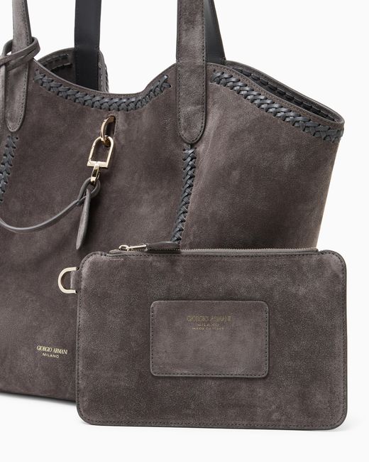 Giorgio Armani Gray Medium Suede Handbag With Threading