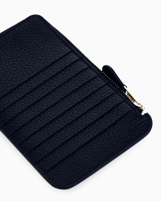 Giorgio Armani Blue Half Zip-Around Granulated Leather Wallet With Logo Pocket