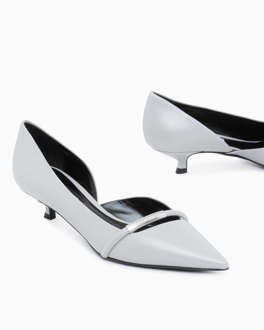 Giorgio Armani White Pointed Toe Leather Pumps With Strap And Low Heel