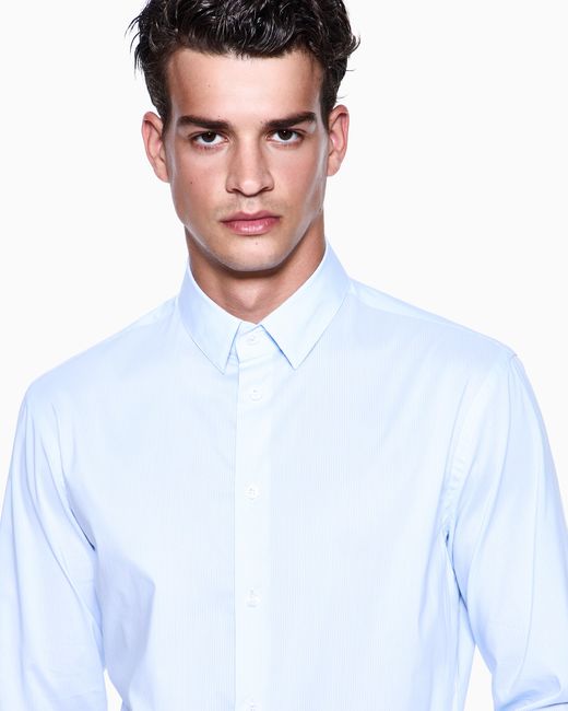 Camisa Slim Fit De Punto De Mezcla De Algodón Elástico A Rayas Giorgio Armani de hombre de color Blue
