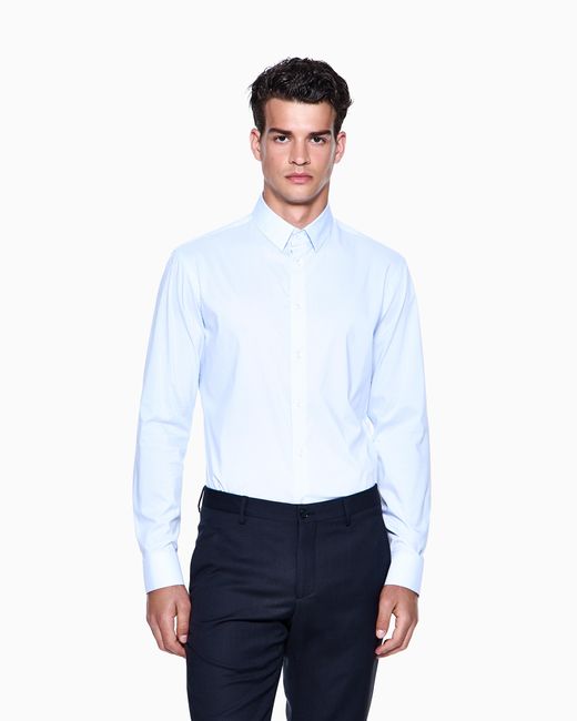 Camisa Slim Fit De Punto De Mezcla De Algodón Elástico A Rayas Giorgio Armani de hombre de color Blue