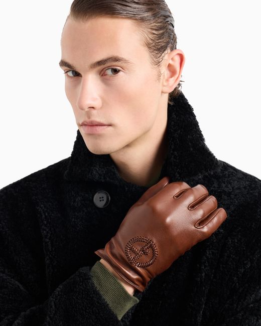 Giorgio Armani Brown Nappa Leather Gloves With Embroidered Logo for men