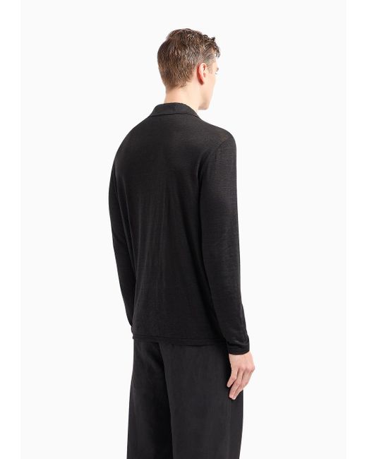 Giorgio Armani Black Long-sleeved Polo Shirt In Pure Linen Jersey for men