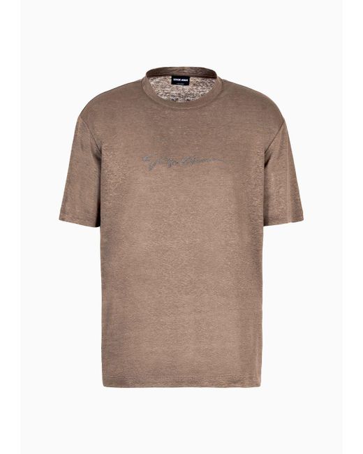 Giorgio Armani Brown Linen Jersey Crew-neck T-shirt With Signature Logo for men
