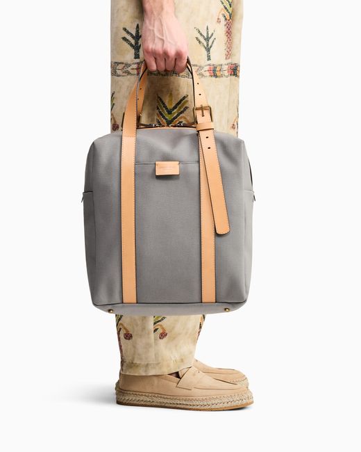 Giorgio Armani Blue Canvas Shopper Bag With Leather Details for men