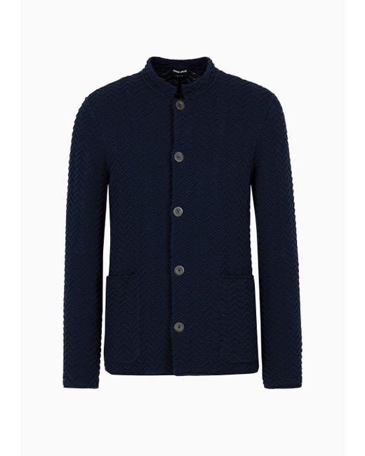 Giorgio Armani Blue Single-breasted Jacket In Chevron Ottoman Wool for men