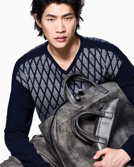 Giorgio Armani Blue Virgin Wool And Cashmere Jacquard Sweater for men