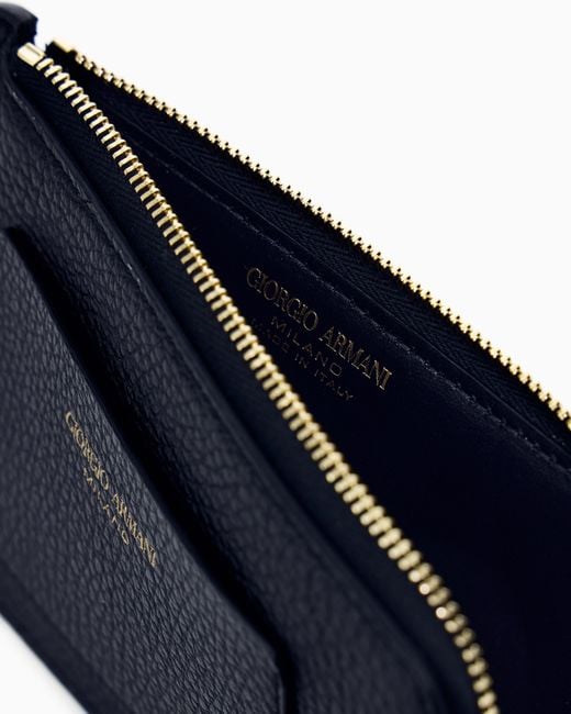 Giorgio Armani Blue Half Zip-Around Granulated Leather Wallet With Logo Pocket