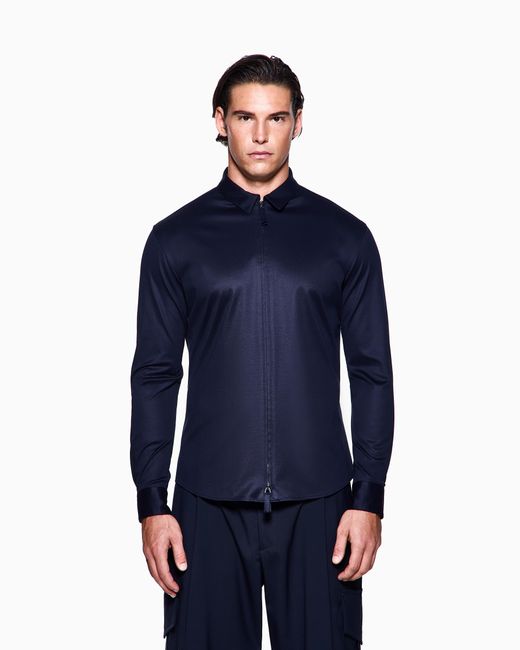 Giorgio Armani Blue Slim Fit Interlock Cotton Shirt With Full Zip Closure for men