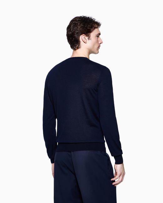 Giorgio Armani Blue Virgin Wool Crew Neck Sweater With Ribbed Trims for men