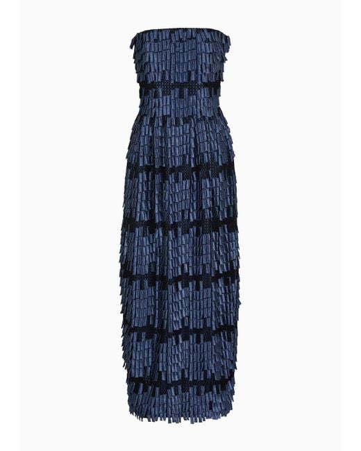 Giorgio Armani Blue Long Bustier Dress In A Viscose Blend With Fringe-effect Embroidery