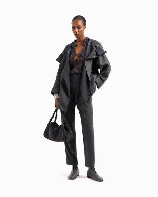 Giorgio Armani Black Linen Hooded Pea Coat