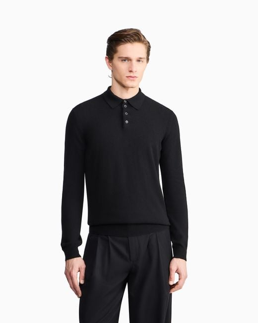 Giorgio Armani Black Long-Sleeved Cashmere Polo Shirt for men