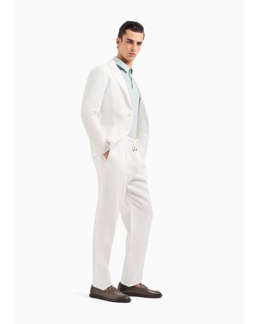 Pantaloni A Una Pince In Tela Di Puro Lino di Giorgio Armani in White da Uomo