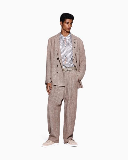 Giorgio Armani Natural Mouliné Linen And Silk Jacquard Single-Pleat Trousers for men
