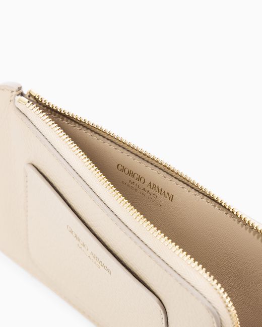 Giorgio Armani White Half Zip-Around Granulated Leather Wallet With Logo Pocket