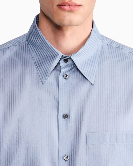 Giorgio Armani Blue Striped Cotton And Silk Shirt With Chest Pocket for men