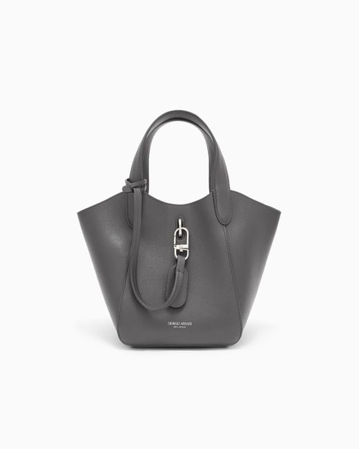 Giorgio Armani Gray Leather Handbag With A Geometric Base And A Snap-Hook Clasp