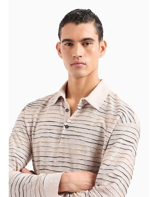 Giorgio Armani White Long-sleeved Polo Shirt In Linen, Cotton And Viscose Jersey Jacquard for men
