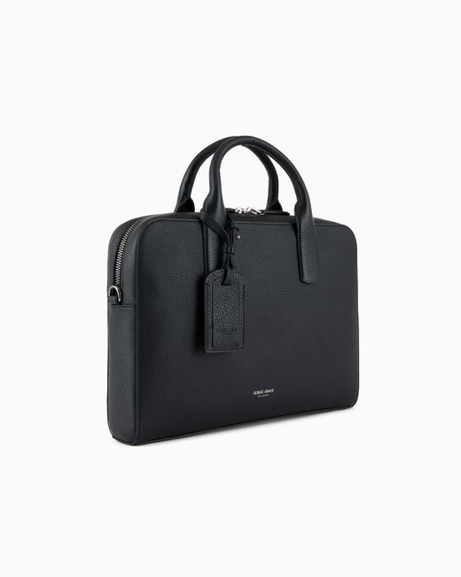 Giorgio Armani Black Pebbled Leather Briefcase for men