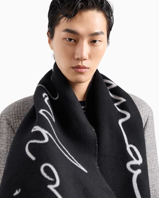 Giorgio Armani Black Two-Tone Wool And Silk Scarf With Signature Logo for men