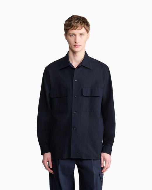 Giorgio Armani Blue Cotton-Seersucker Shirt With Pockets for men