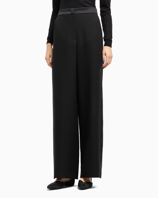 Giorgio Armani Black Wide-Leg Silk Trousers With Rhinestone Details