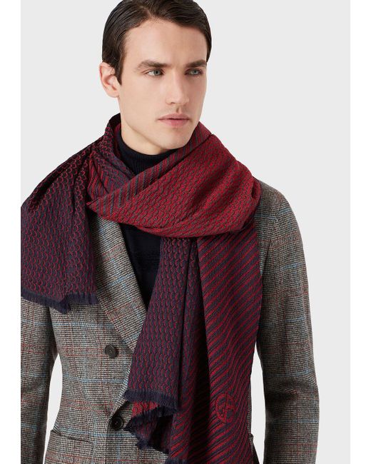 Giorgio Armani Red Two-toned Jacquard Scarf In A Wool-silk Blend for men