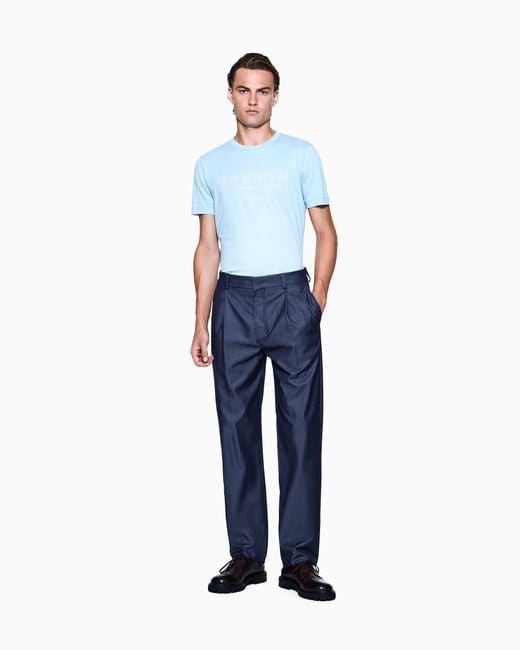 Pantalones Con Una Pinza, En Algodón Y Seda Con Efecto Denim Giorgio Armani de hombre de color Blue