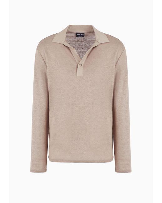 Giorgio Armani Natural Long-sleeved Polo Shirt In Pure Linen Jersey for men