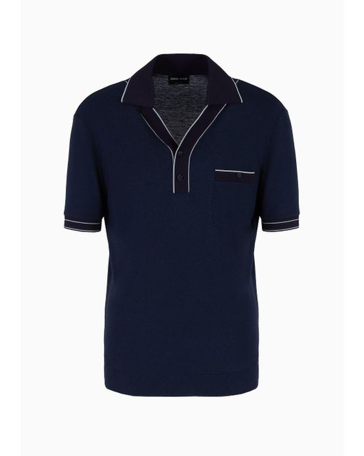 Giorgio Armani Blue Short-sleeved Ribbed Polo Shirt In Viscose And Wool for men