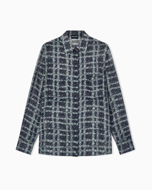 Giorgio Armani Blue Shirt Regular Fit Check Silk Chiffon With Patch Pockets