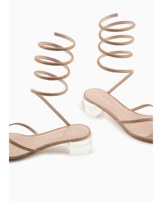 Giorgio Armani Natural Laminated Suede Heeled Thong Sandals With A Spiral Strap