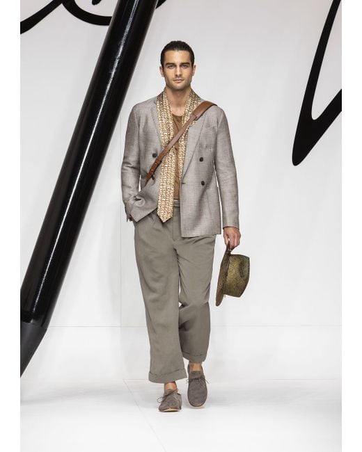 Giorgio Armani Gray Upton Line Double-breasted Jacket In Wool, Silk, Linen And Cashmere Chequerboard Jacquard for men