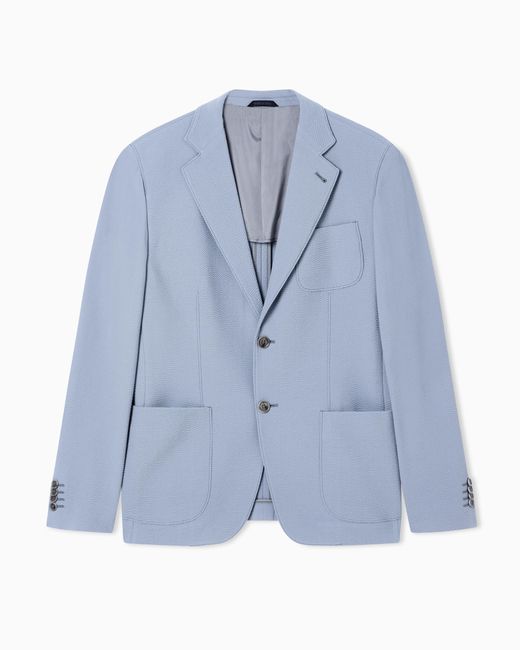 Giorgio Armani Blue Single-Breasted Virgin Wool Seersucker Jacket for men