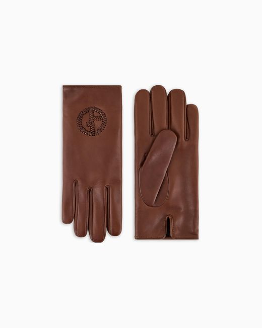 Giorgio Armani Brown Nappa Leather Gloves With Embroidered Logo for men