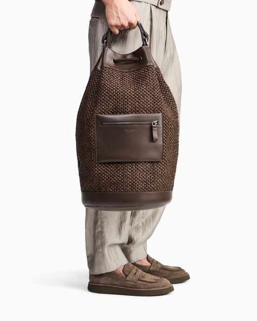 Giorgio Armani Black Raffia And Leather Backpack for men
