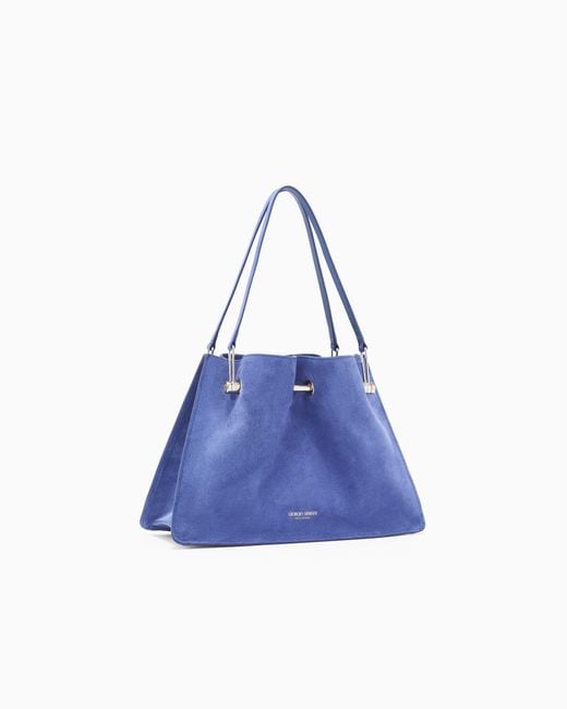 Giorgio Armani Blue Suede Bag With A Metal Bar And Leather Handles