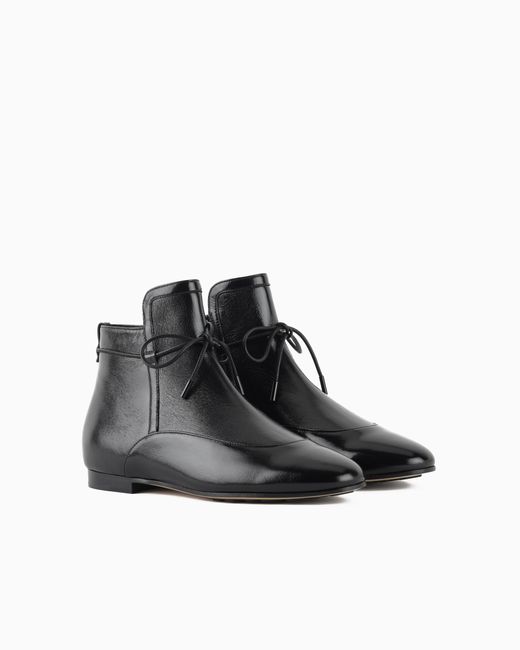 Giorgio Armani Black Textured Patent-Leather Ankle Boots