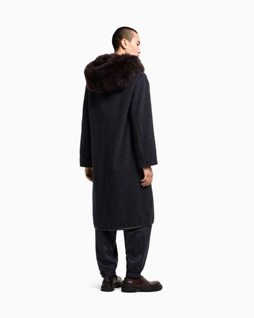 Giorgio Armani Blue Cashmere And Wool Long Coat With Hood for men