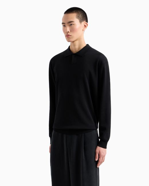 Polo À Manches Longues En Laine Point Tissu Giorgio Armani pour homme en coloris Black
