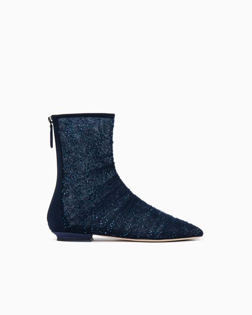 Giorgio Armani Blue Ankle Boots With Tulle And Rhinestones