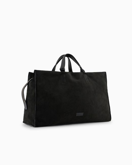 Giorgio Armani Black Suede Travel Duffel Bag With Leather Handles And Zipper for men